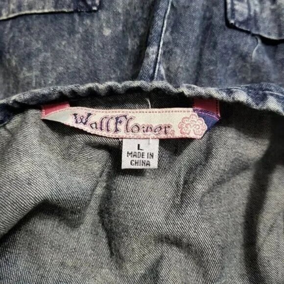 Wallflower Denim Romper L Blue Acid Wash Drawstring Pockets Festival Vibes - Picture 7 of 10